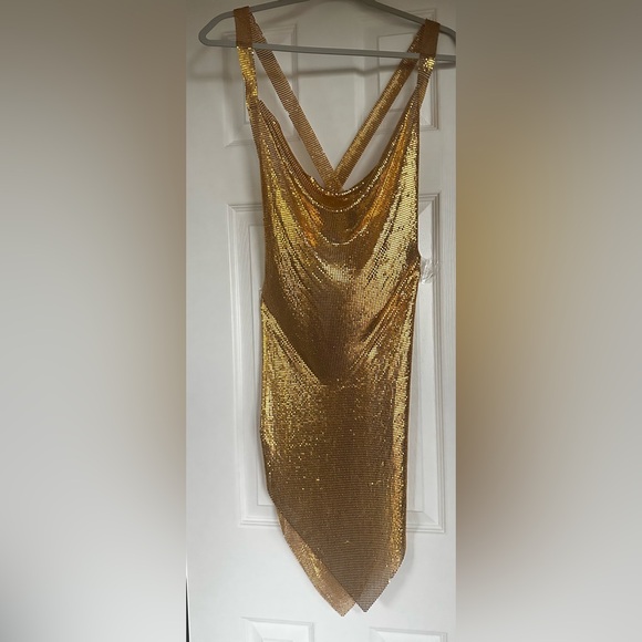 Gold Asymmetrical Slit Cocktail Dress - Picture 4 of 7